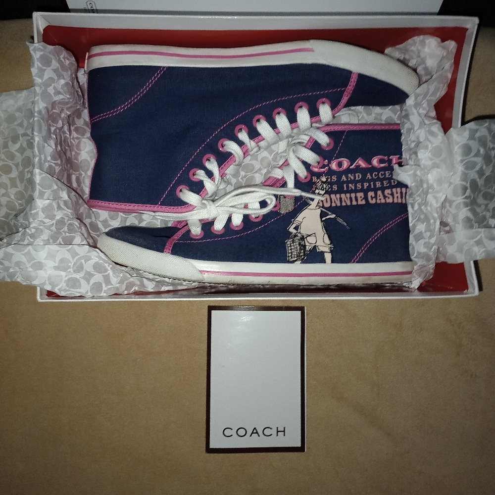 IOB Women's  Coach Ariane Happy Girl High Top Sneakers Navy/Pink Size 7.5 M - Picture 2 of 11